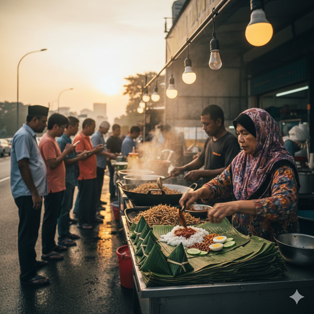 Puesto callejero malasio (gerai) al amanecer con fila de clientes esperando su Nasi Lemak matutino
