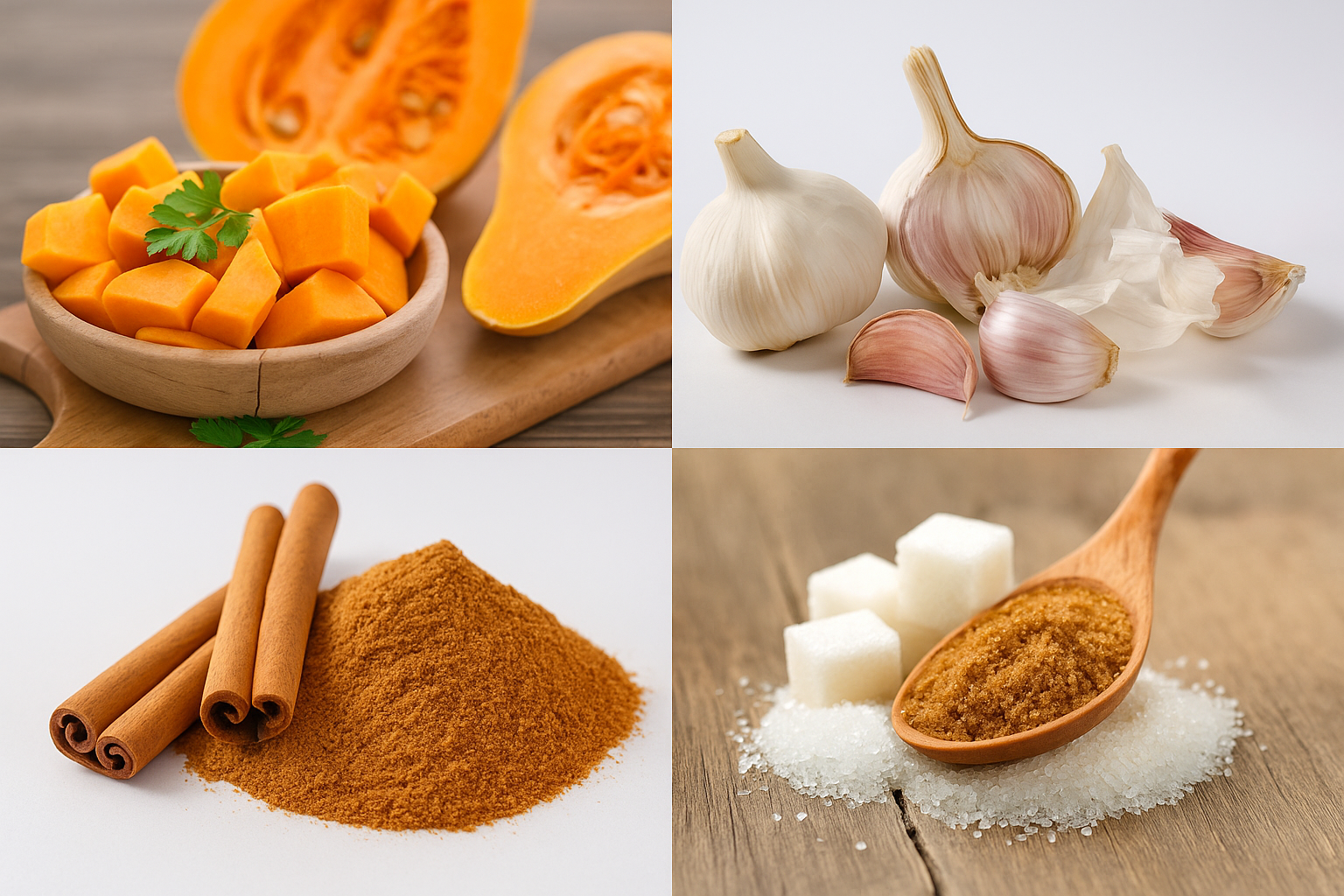 Ingredientes para paella de calabaza: calabaza en tacos, ajos enteros, arroz bomba, canela y azúcar