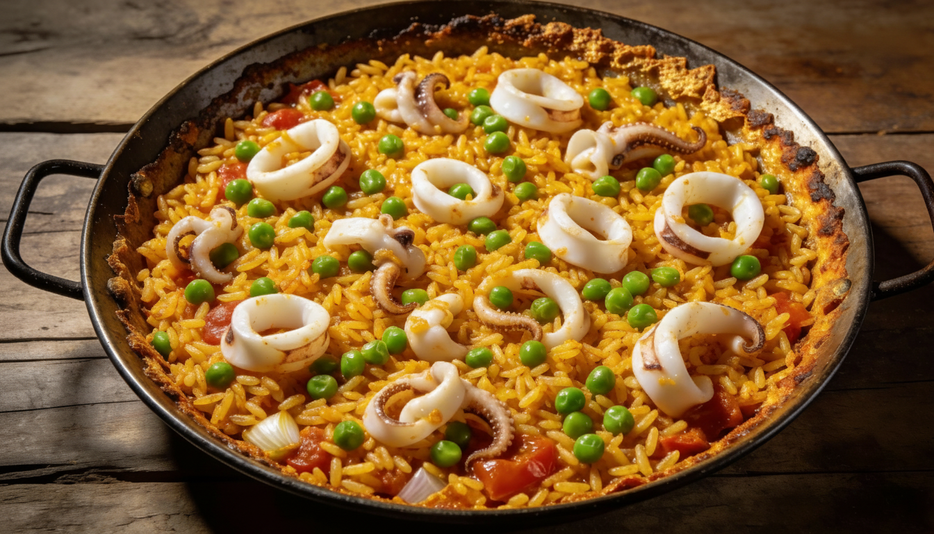 Paella seca de calamares y guisantes dorada en paellera tradicional