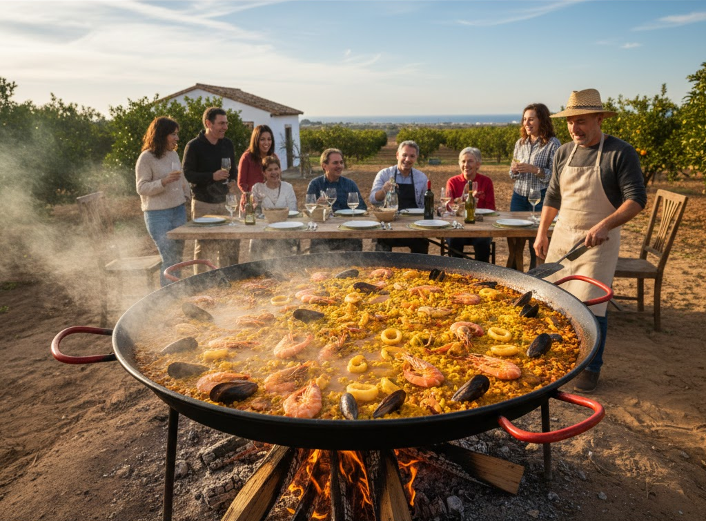 Paella cocinándose al aire libre en el campo valenciano