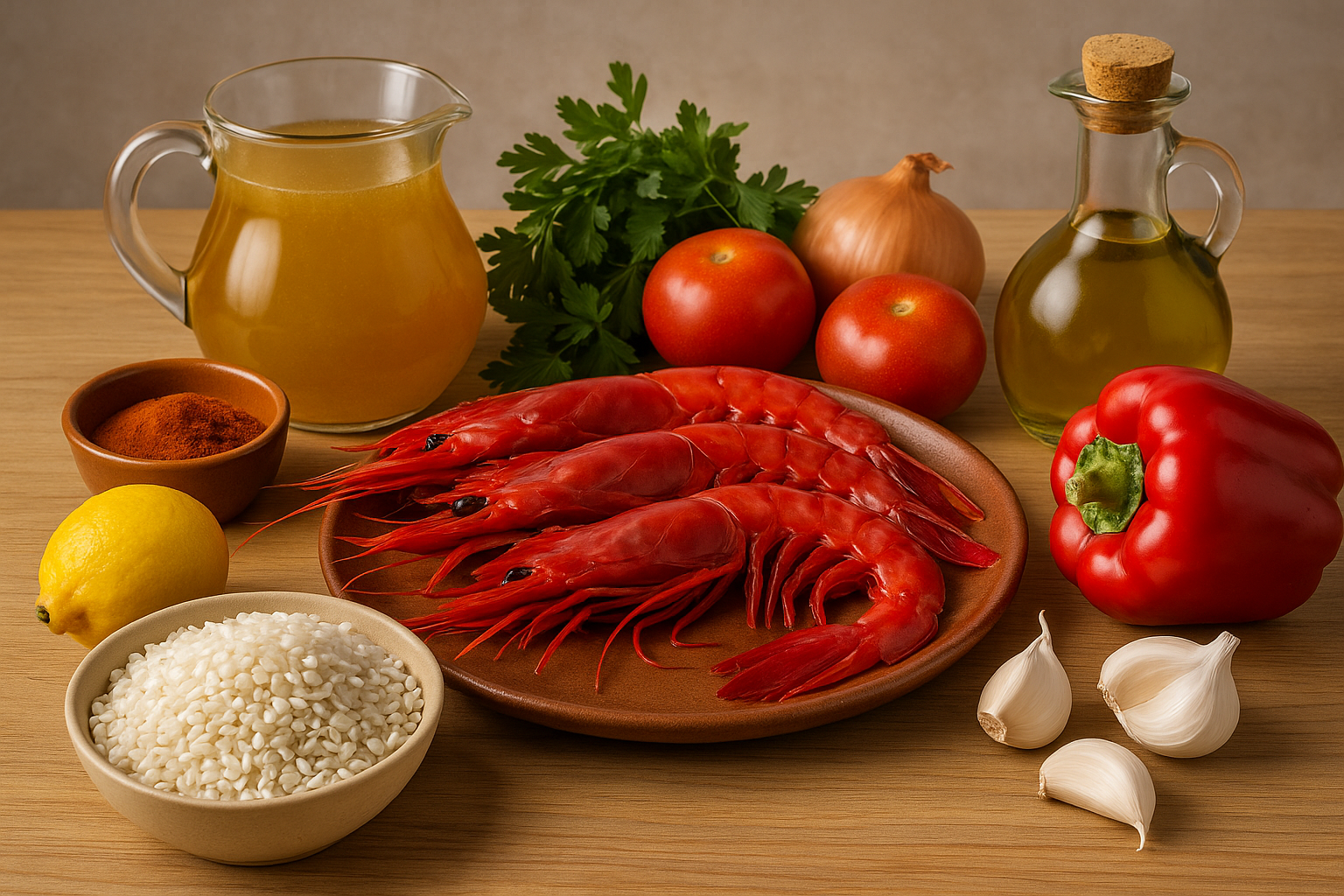 Ingredientes para paella de carabineros: arroz, carabineros, gambas, ajo, tomate y ñoras