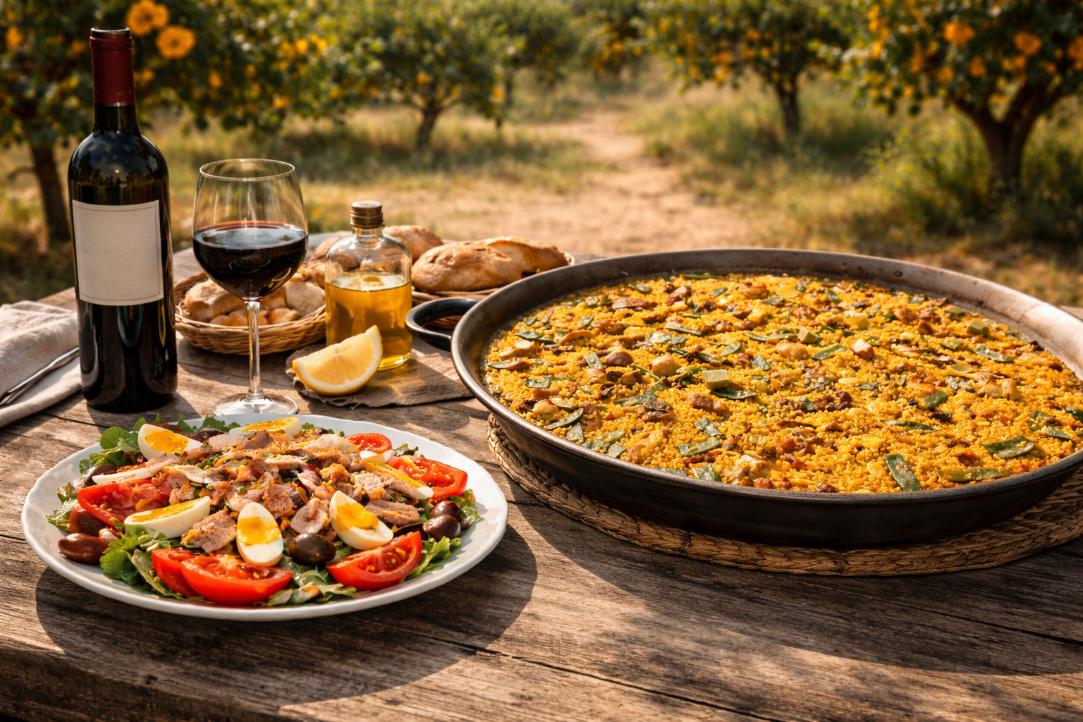 Paella valenciana final presentada con limones y listo para servir