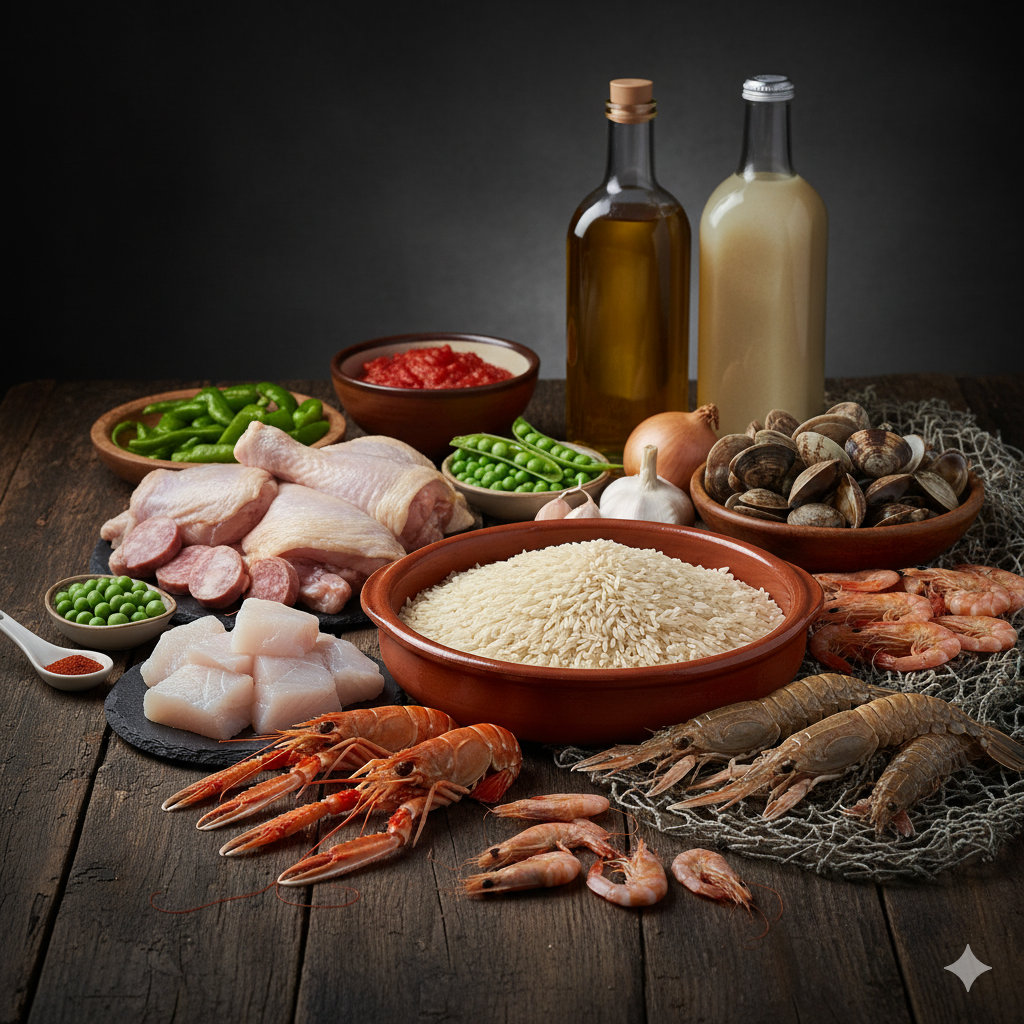 Ingredientes para paella de guisantes con pollo, blanquet, rape y marisco