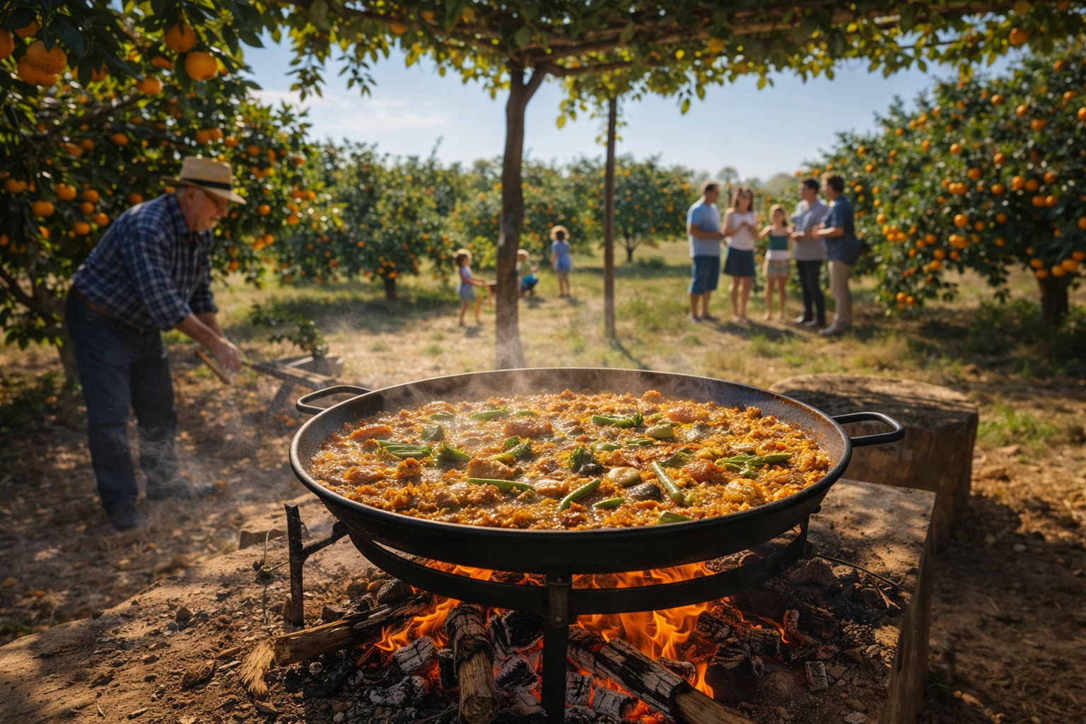 Paella cocinándose al aire libre en la huerta valenciana con naranjos al fondo