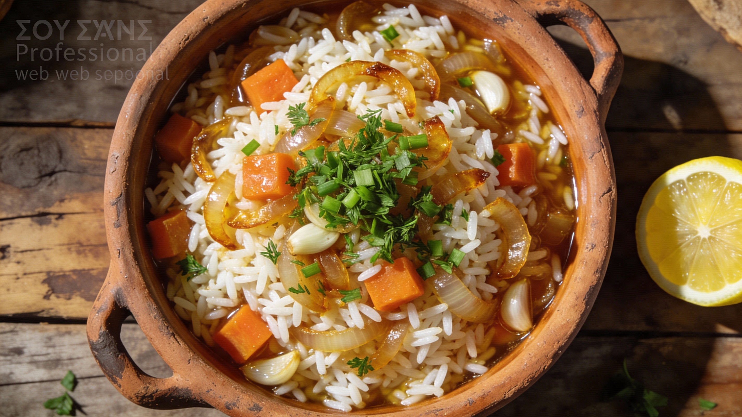 Pilafi griego dorado servido en fuente de barro, con caldo aromático y decorado con eneldo fresco