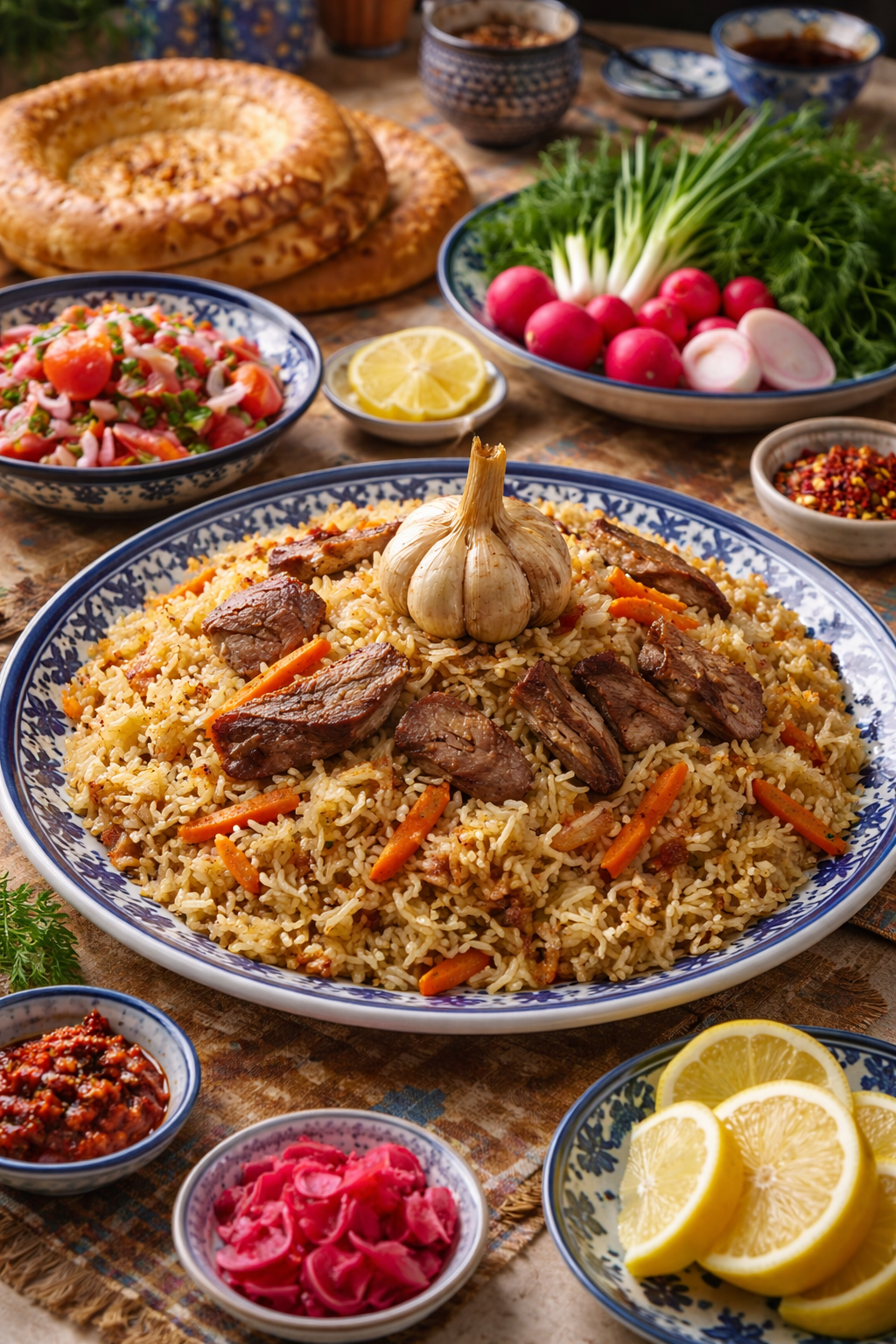 Plov uzbeko servido en lyagan grande decorado con la cabeza de ajo, rodeado de guarniciones tradicionales
