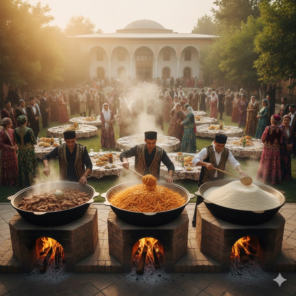 Celebración uzbeka al aire libre con kazanes gigantes preparando plov para cientos de invitados