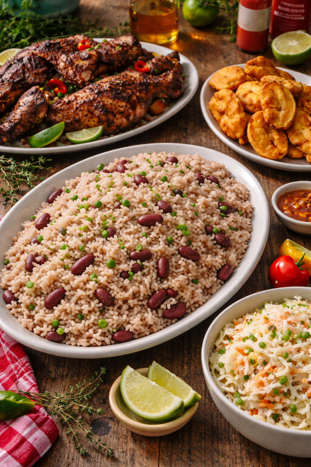 Rice and peas servido en mesa jamaicana con jerk chicken, plátano frito y ensalada de col