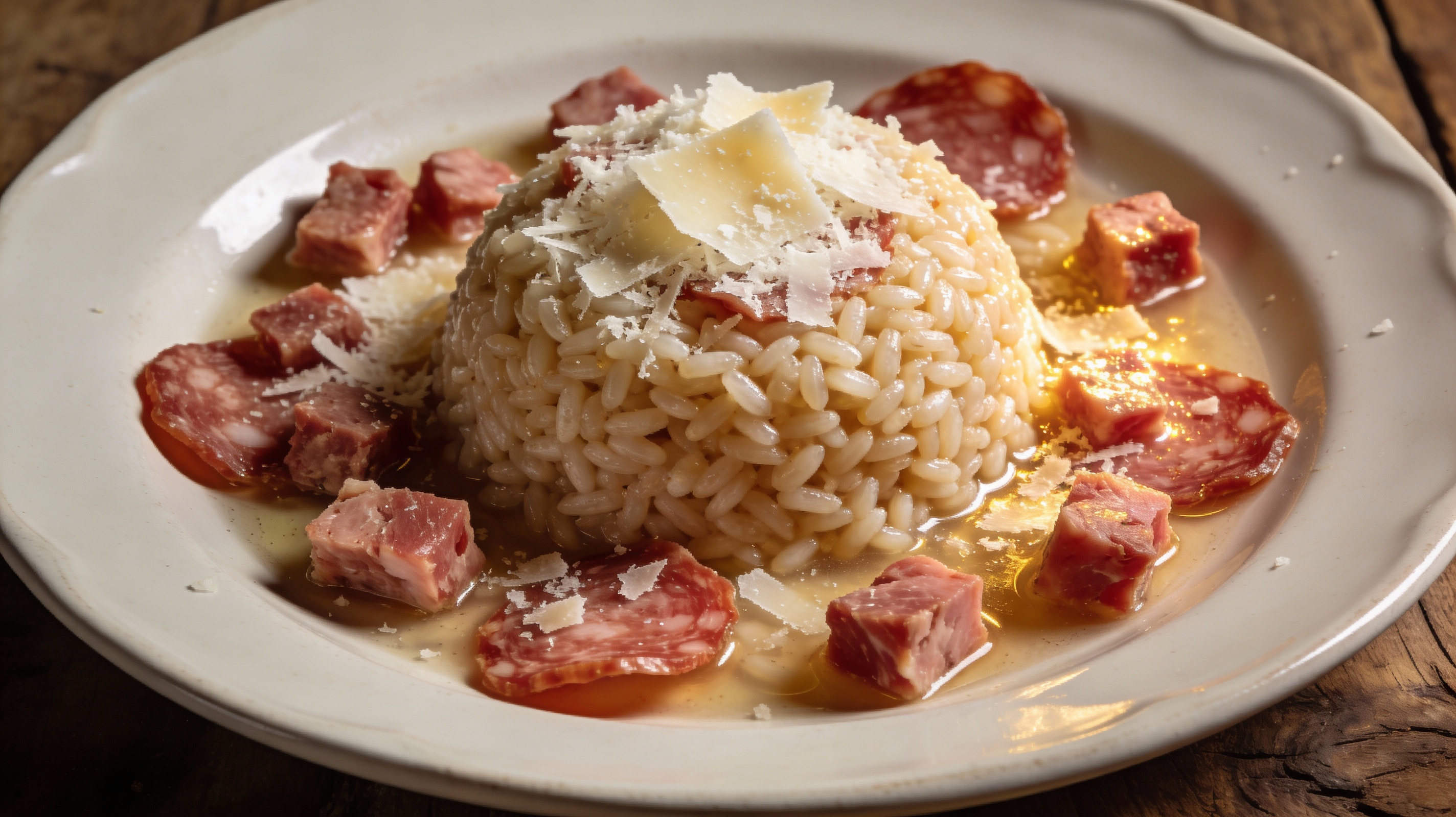 Riso alla pilota servido en plato llano con salami mantovano desmenuzado y abundante parmesano