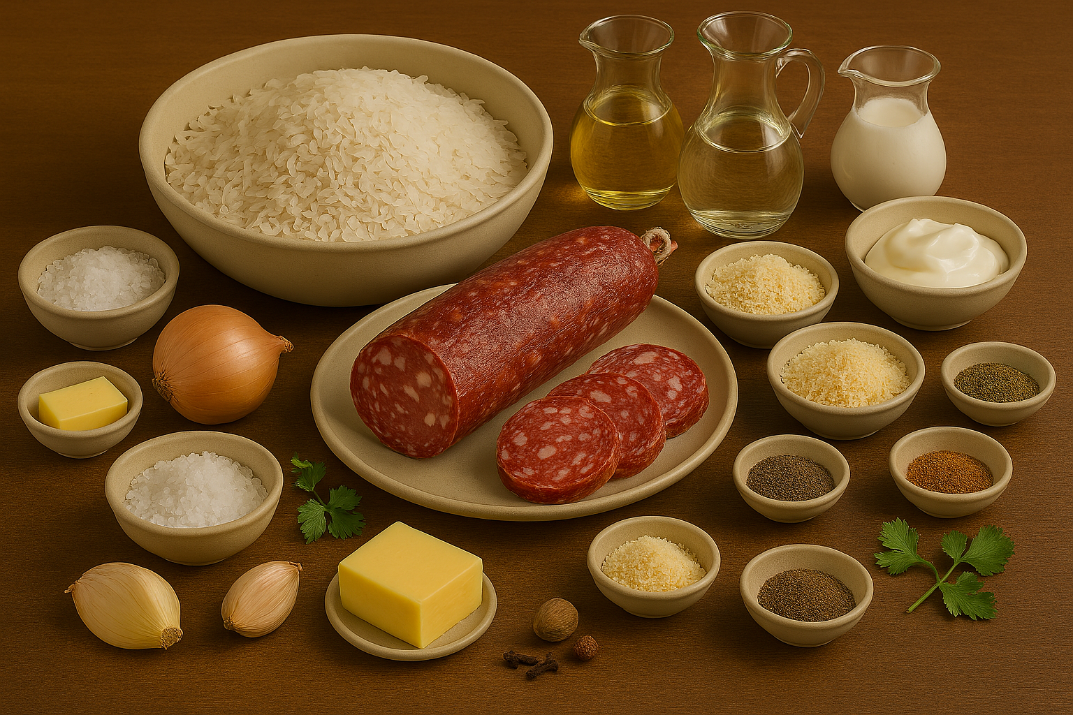 Ingredientes para Riso alla Pilota: riso vialone nano, salame mantovano, Parmigiano Reggiano y mantequilla