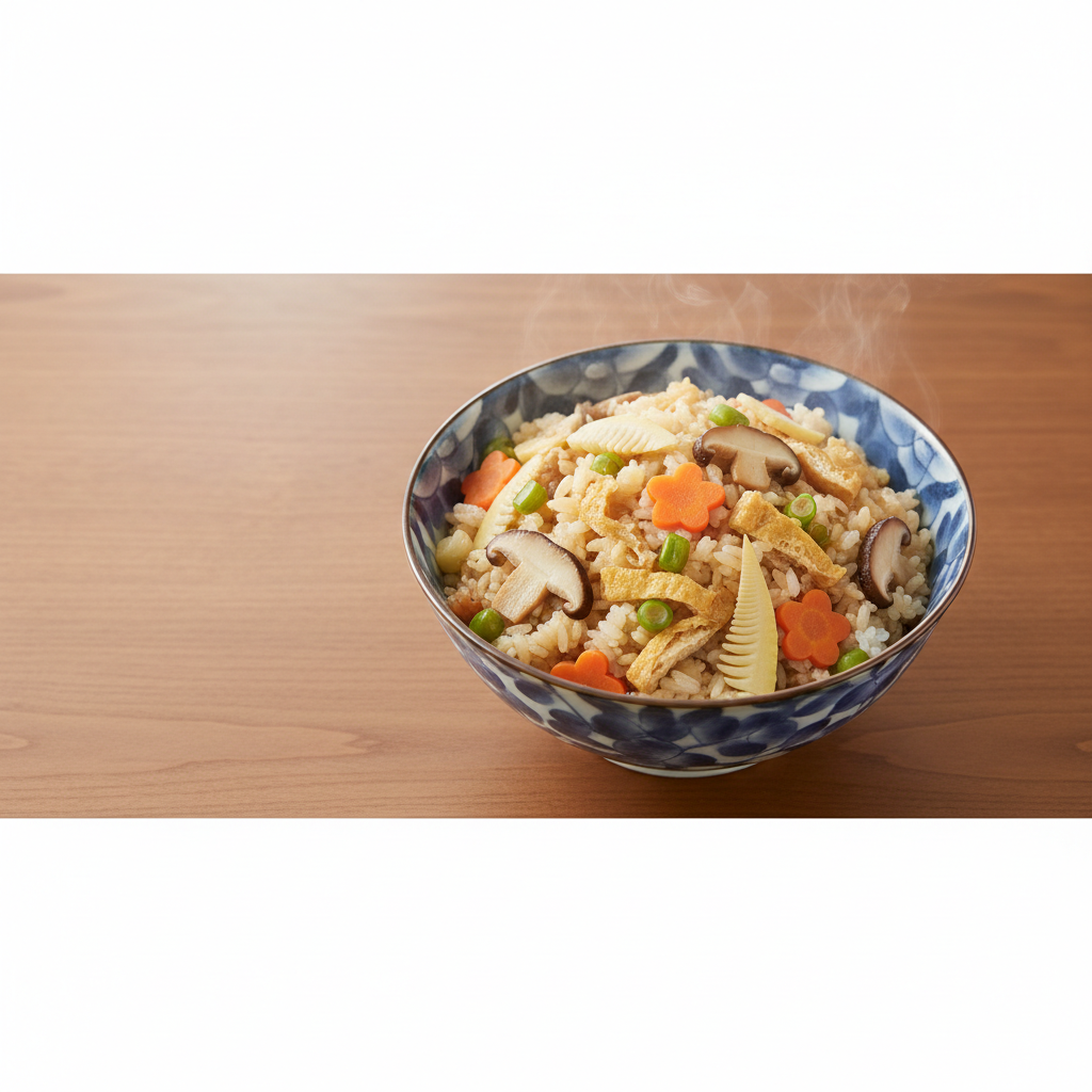 Takikomi gohan servido en cuenco de cerámica japonesa con ingredientes visibles: setas shiitake, bambú, zanahoria y aburaage