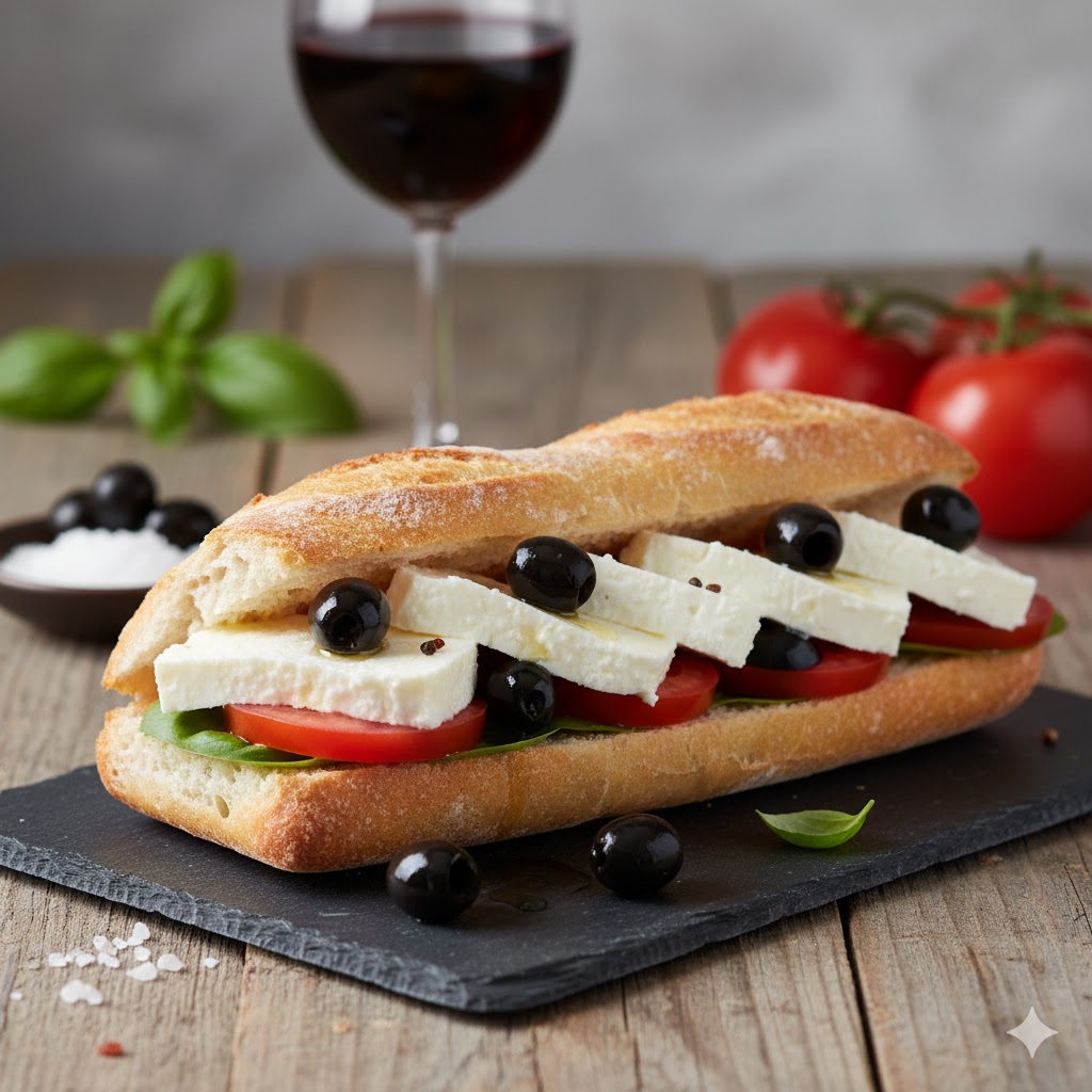 [translate:Bocadillo de queso fresco con aceitunas y tomate servido]