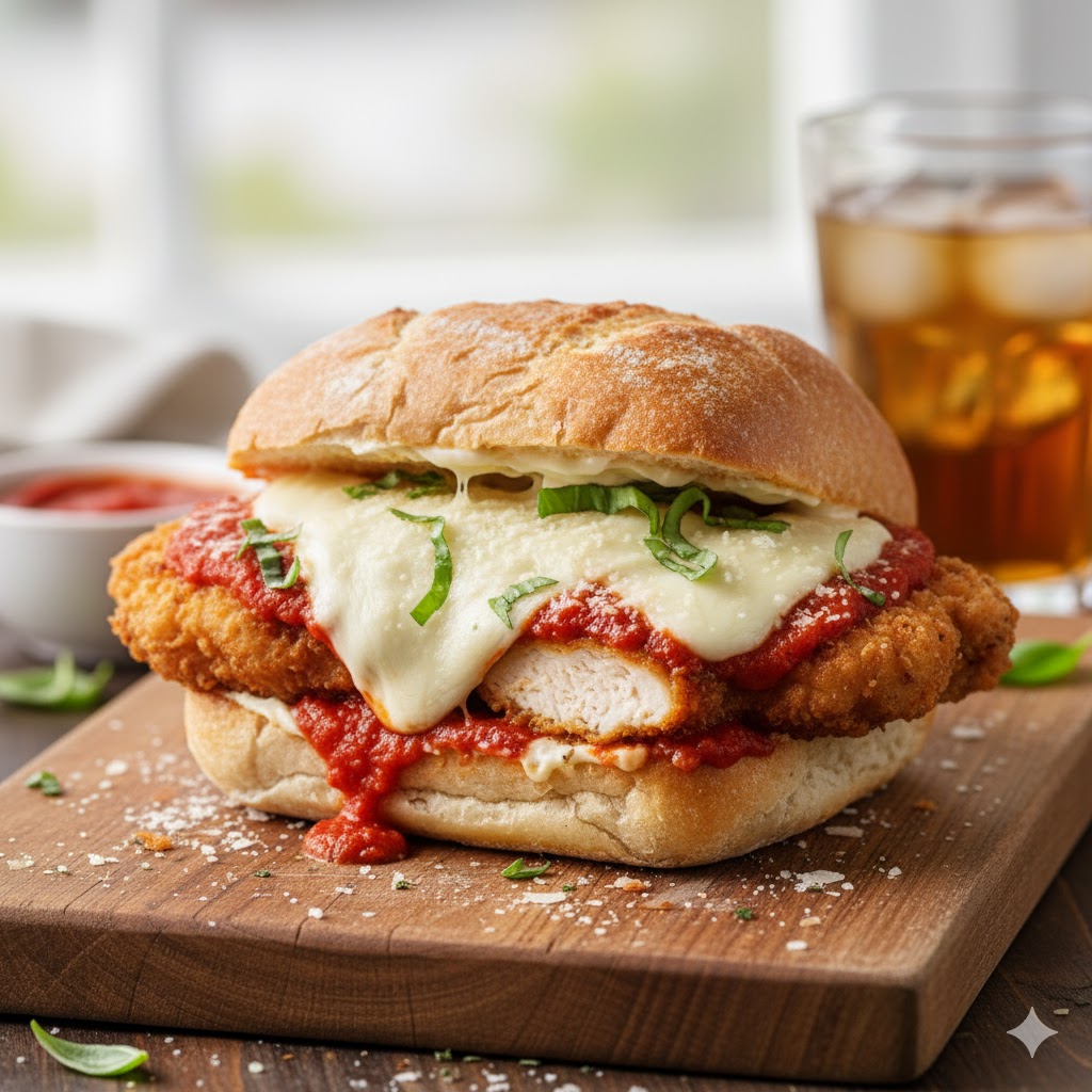 [translate:Sándwich de pollo al parmesano servido]