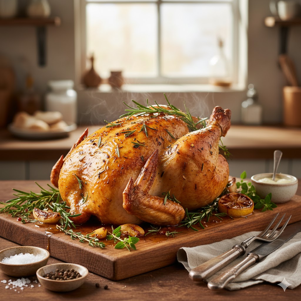 Pollo al horno con hierbas servido