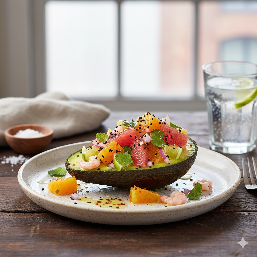 Aguacate relleno con cítricos servido