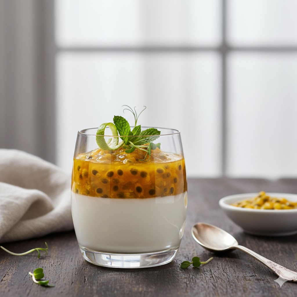 Crema de coco con maracuyá servida