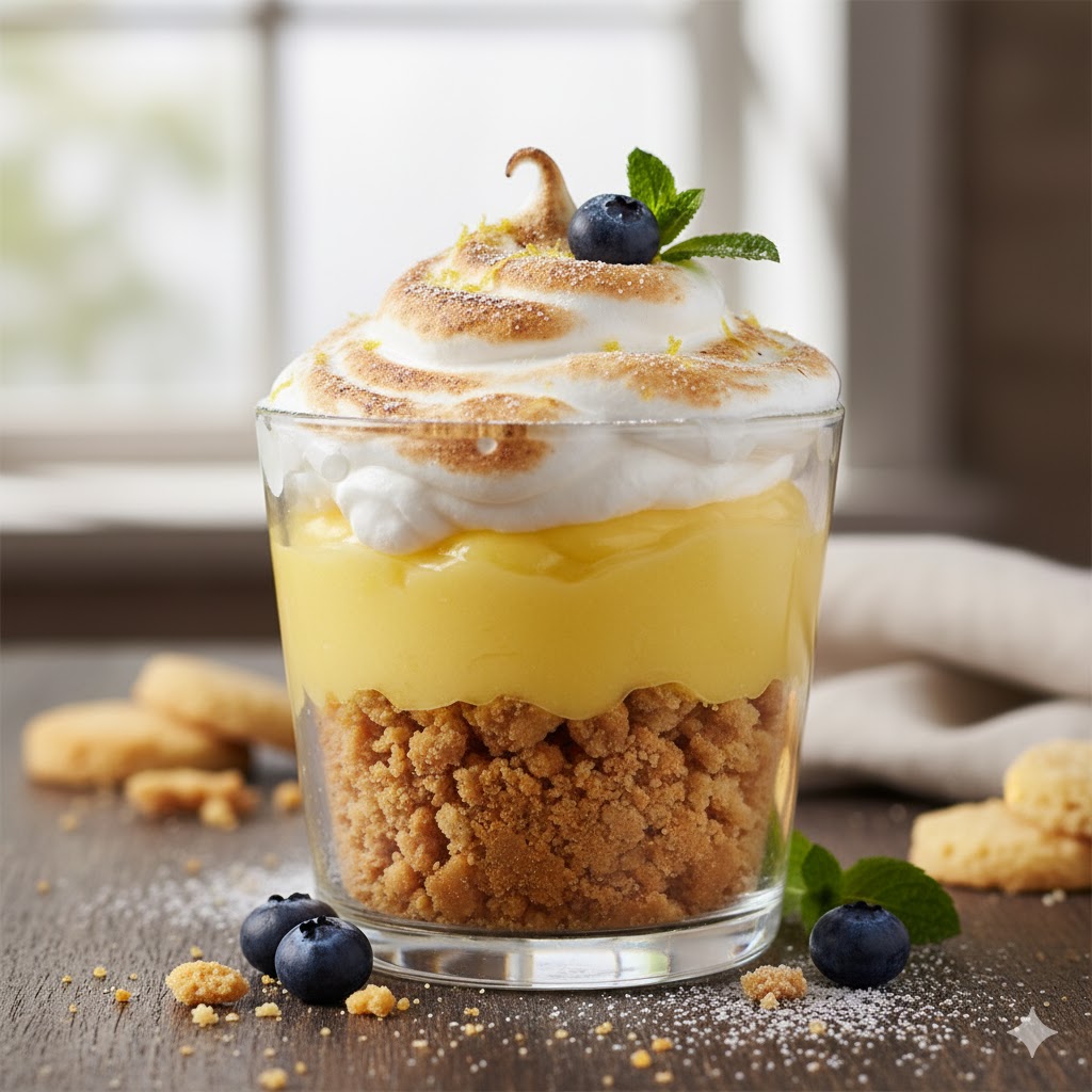 Lemon pie desmontado con crumble pasiego servido en copa