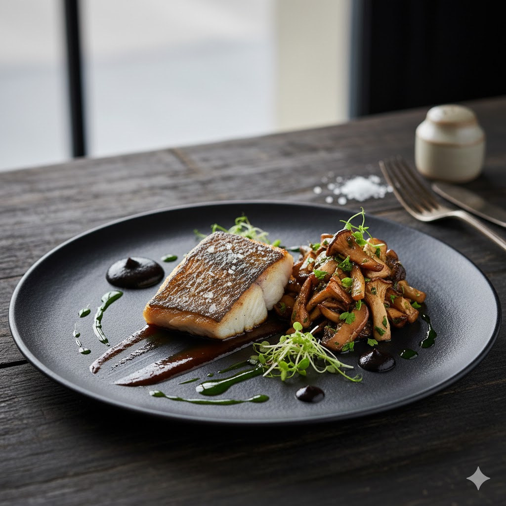 Lomo de lubina con salsa ibérica y salteado de setas