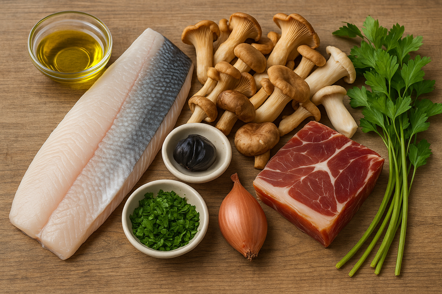 Ingredientes lubina con demi-glace ibérica y setas