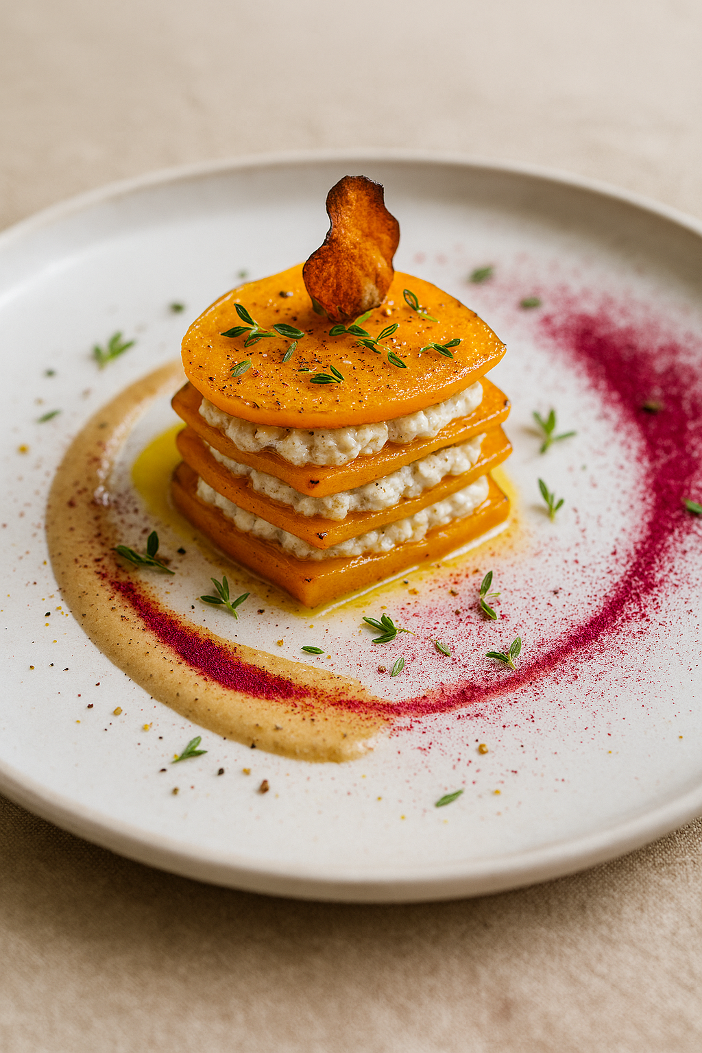 Milhojas de calabaza asada, ricotta vegana y salsa de avellanas