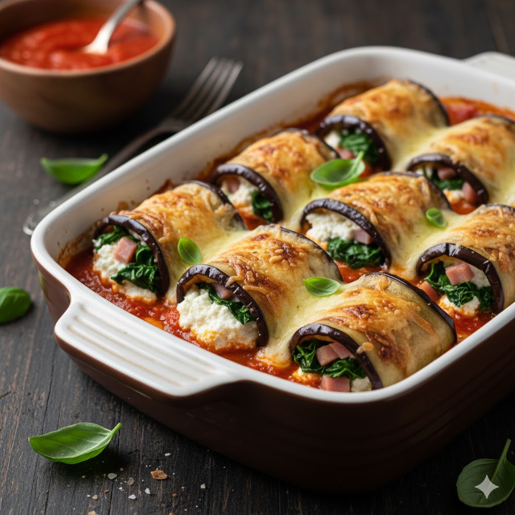 [translate:Rollitos de berenjena gratinados servidos]