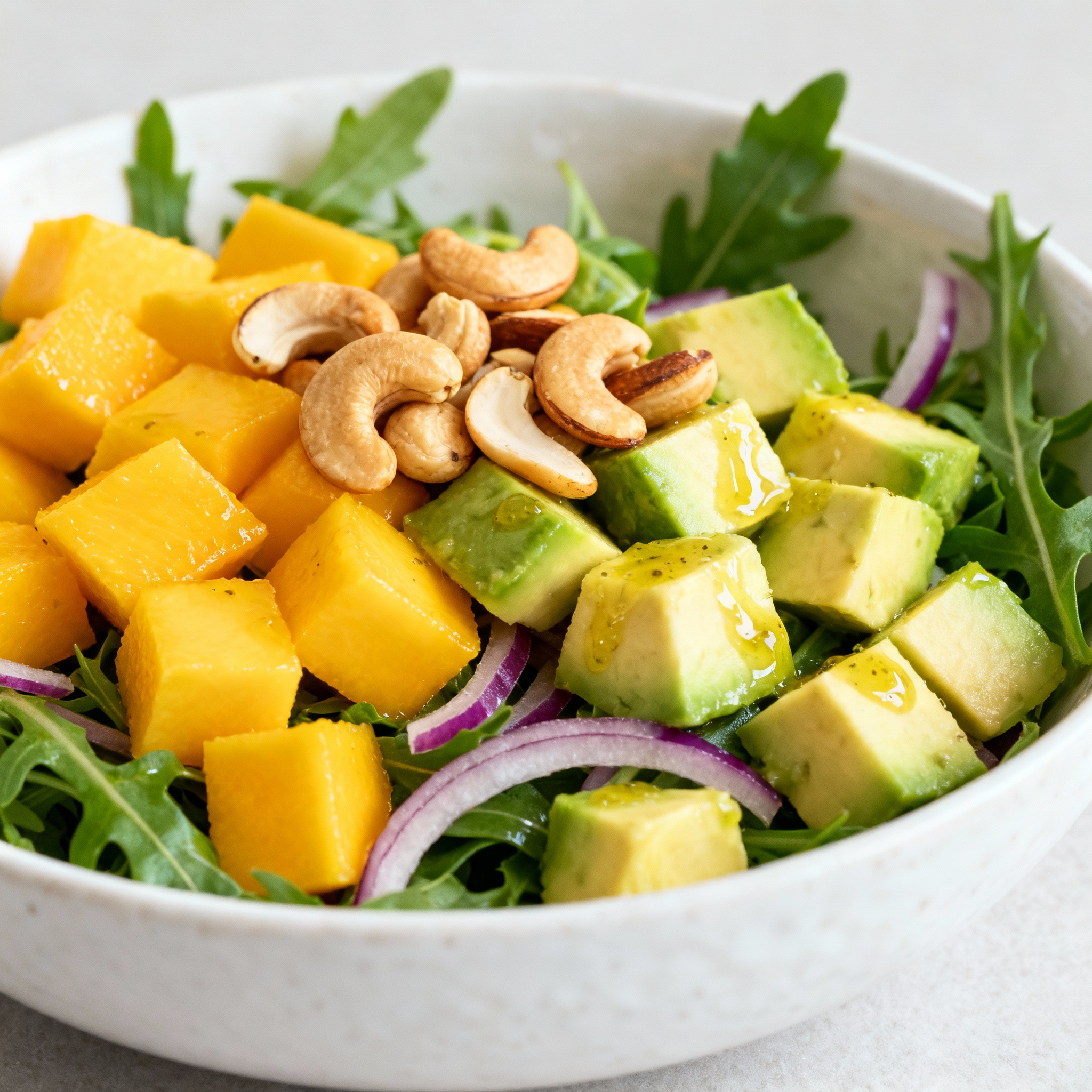 Ensalada de aguacate con mango y rúcula