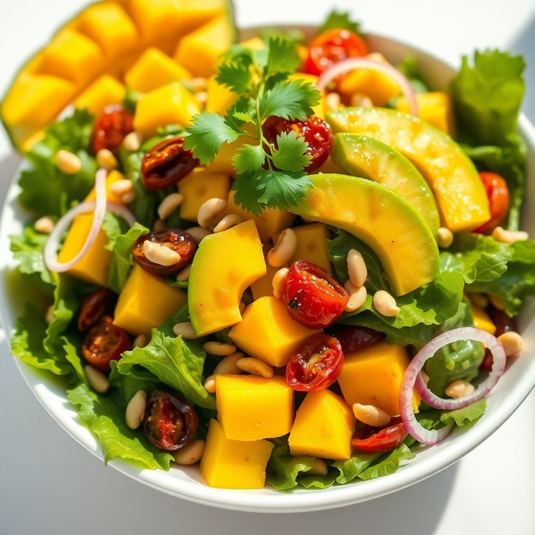 Ensalada de aguacate con mango y rúcula emplatada