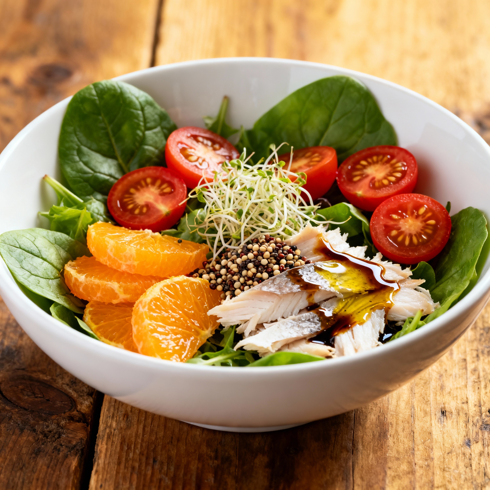 Ingredientes de la ensalada: bacalao, naranja, hojas verdes, tomates y mostaza