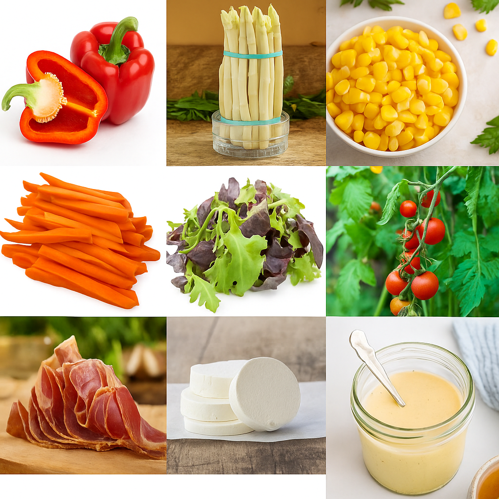 Ingredientes de la ensalada: endibia, espárrago, queso de cabra, cecina y verduras