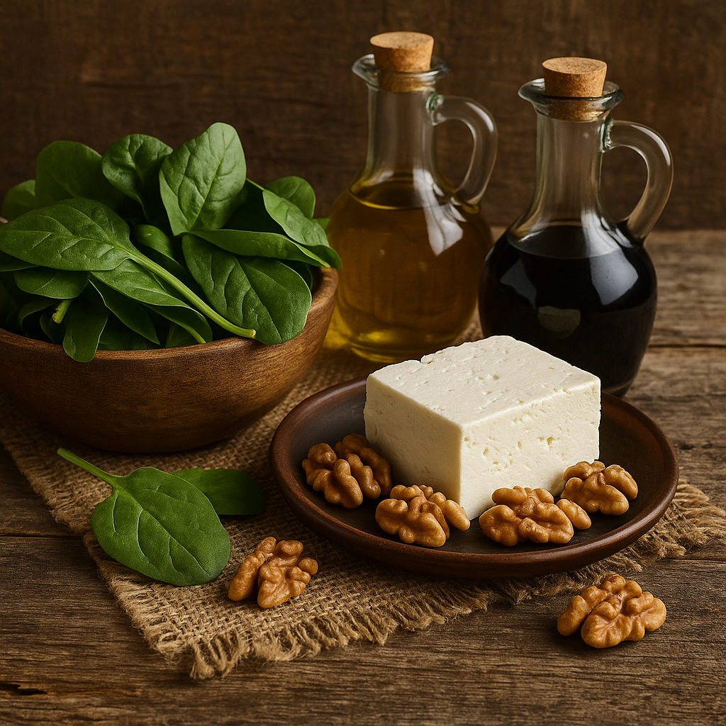 Ingredientes: espinacas, nueces y queso feta