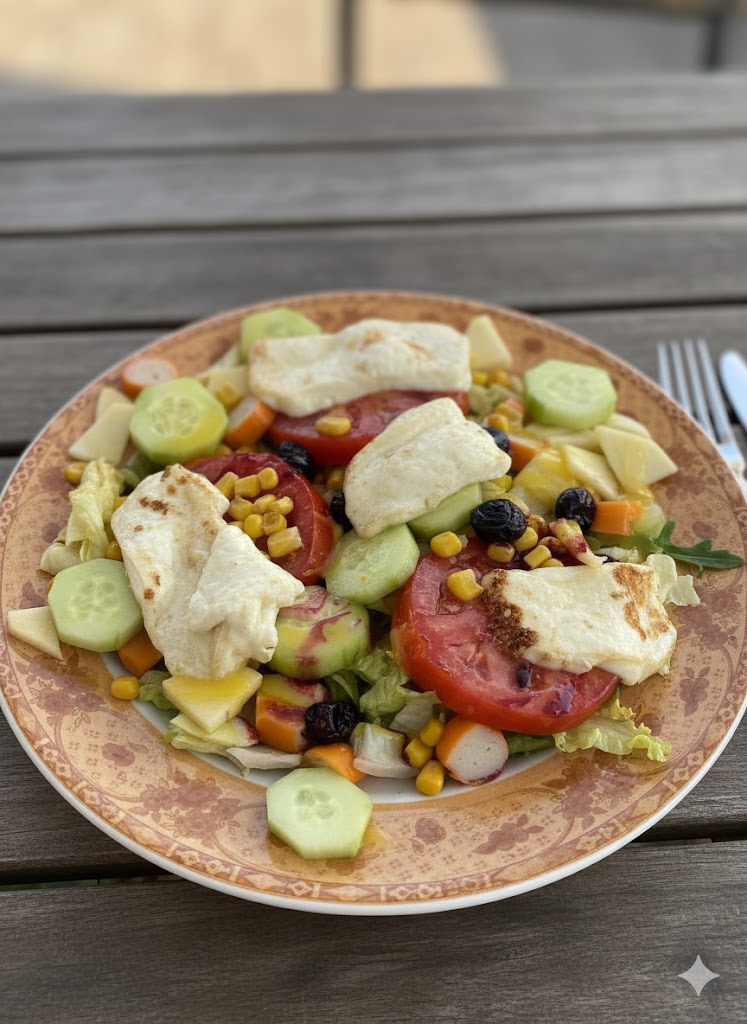 Ensalada fresca con queso de cabra frito en rodajas y aliño de miel y mostaza