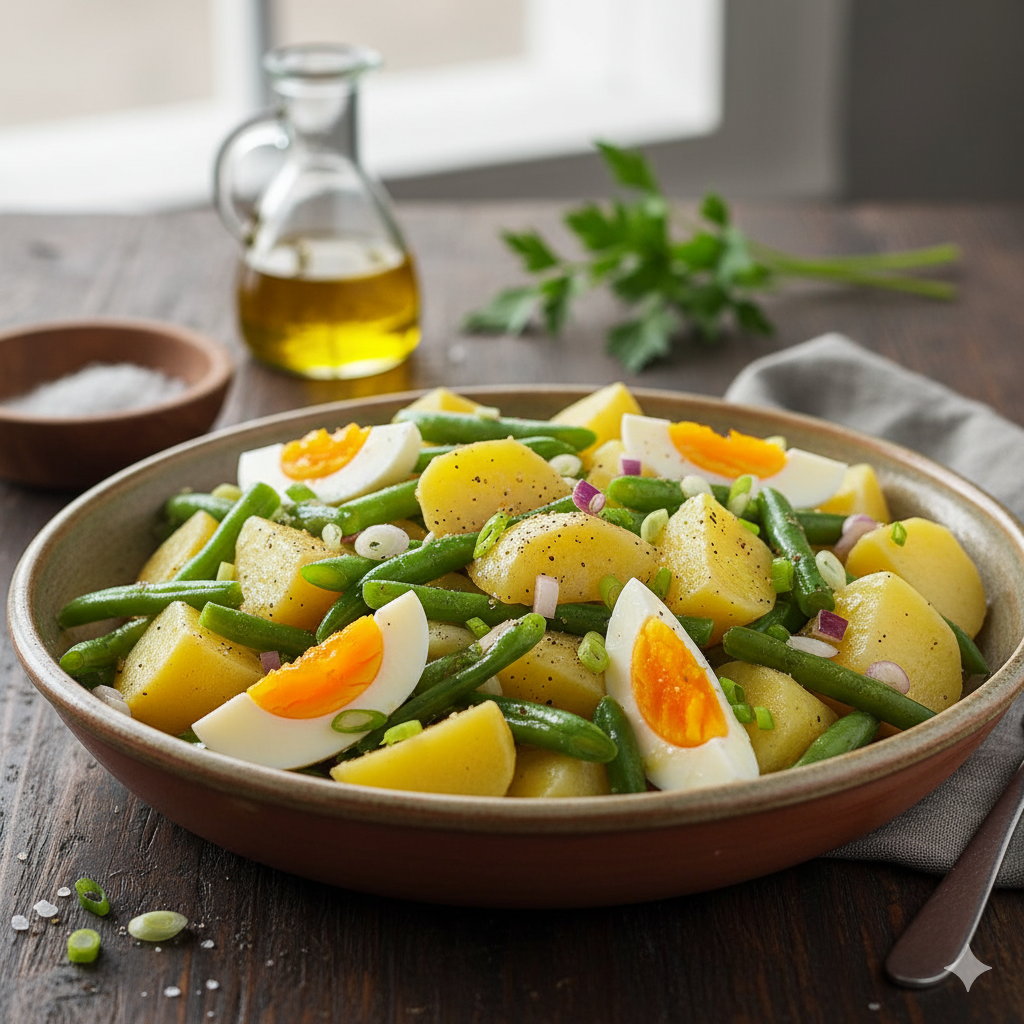 Ensalada de huevo, judías verdes y patata emplatada