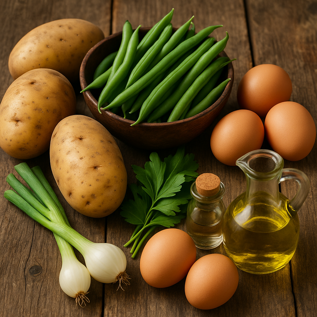 Ingredientes: patata, judías, huevos, cebolleta y aliño