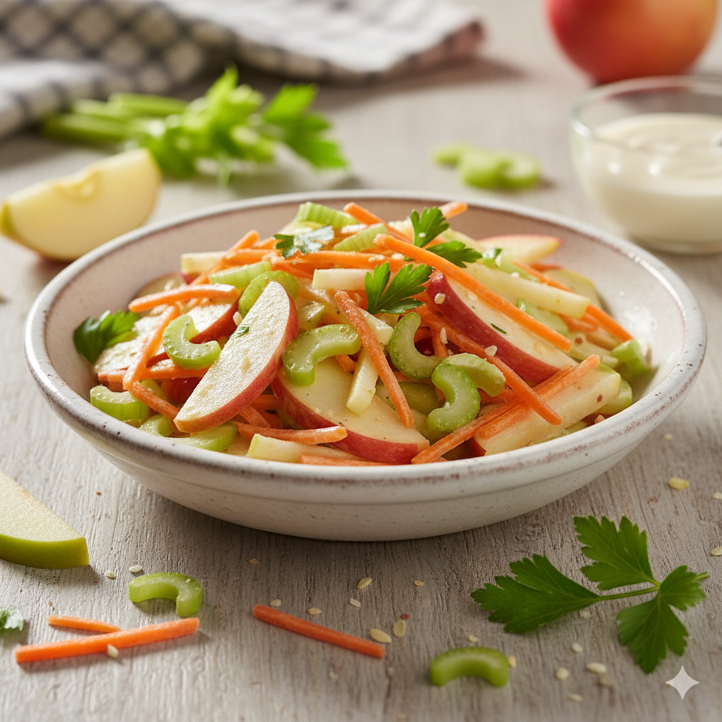 Ensalada de manzana, apio y zanahoria emplatada