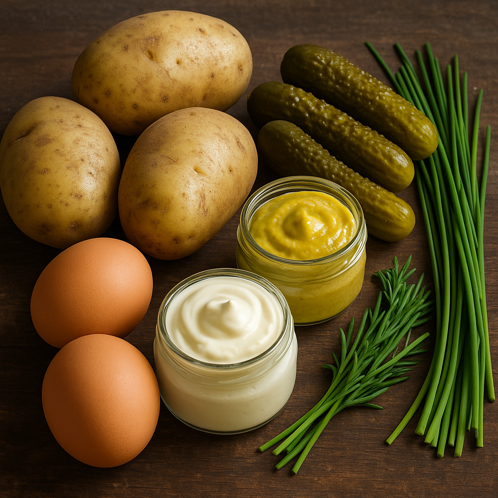 Ingredientes: patatas, huevos, encurtidos, cebolla, mayonesa y mostaza