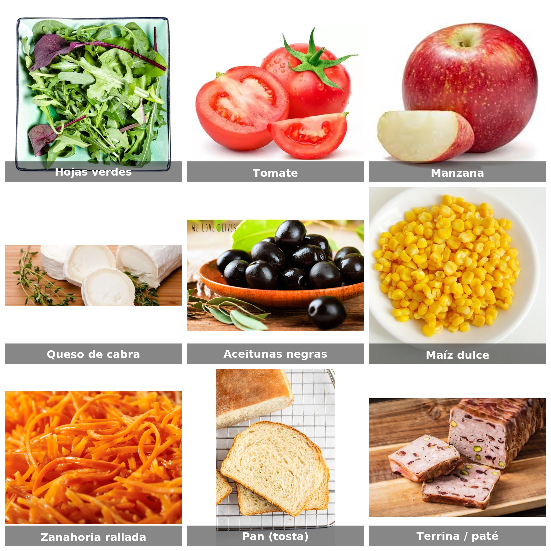 Ingredientes: hojas, tomate, manzana, rulo de cabra, aceitunas, maíz y terrina