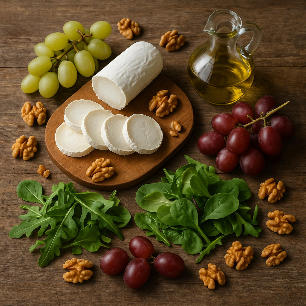 Ingredientes: queso de cabra, uvas, nueces y hojas verdes