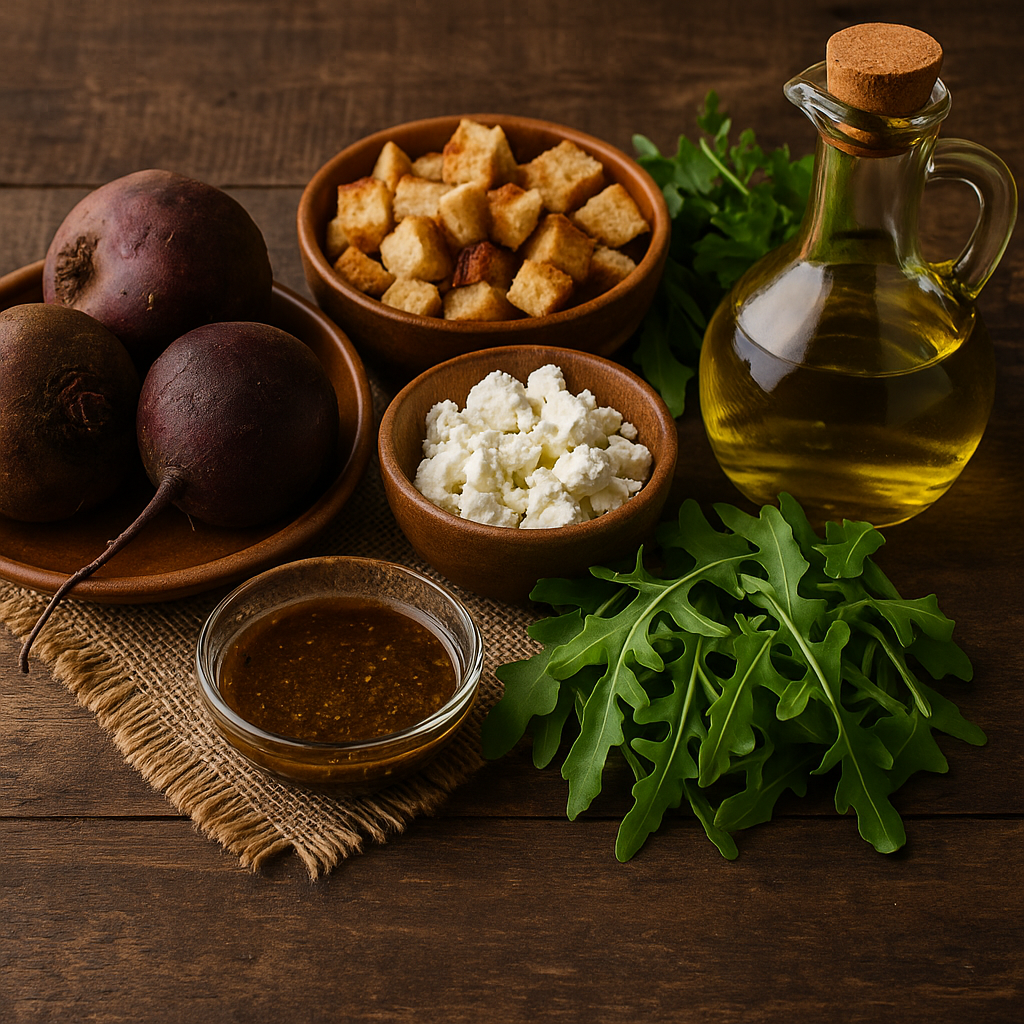 Ingredientes: remolacha, queso, picatostes y vinagreta
