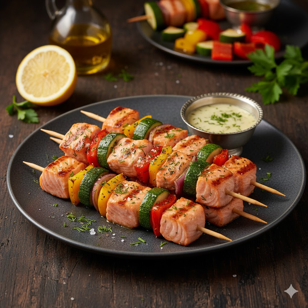 [translate:Brocheta de salmón y verduras servida]