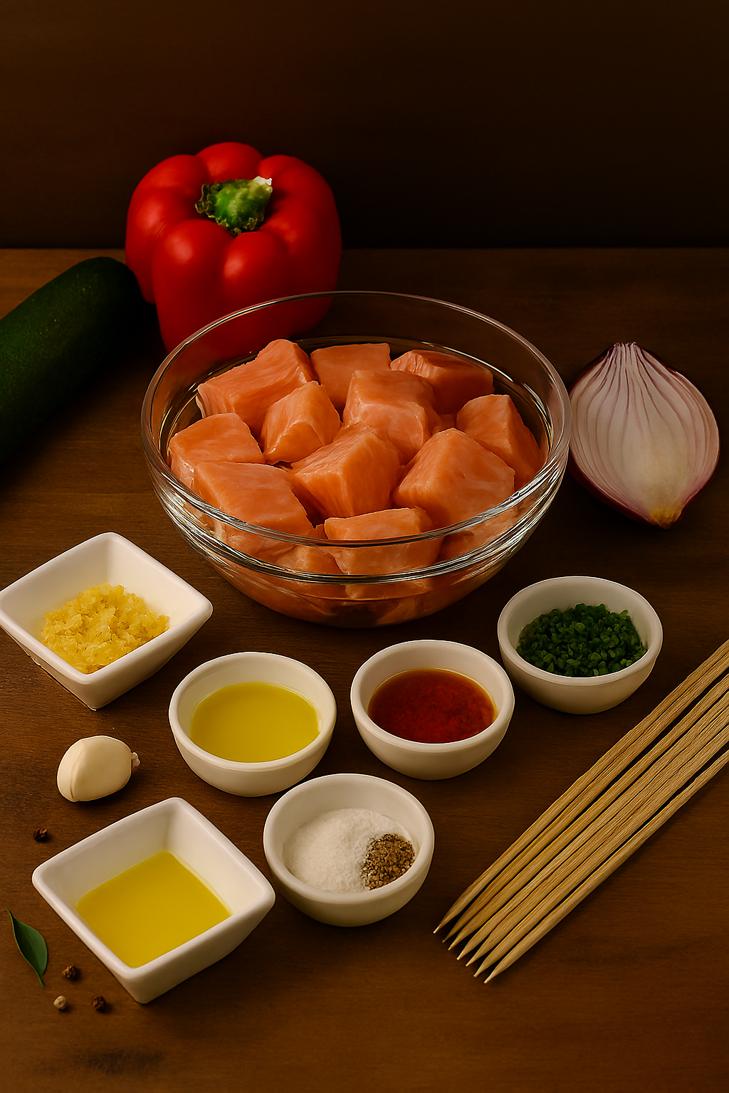 [translate:Ingredientes brocheta de salmón y verduras]