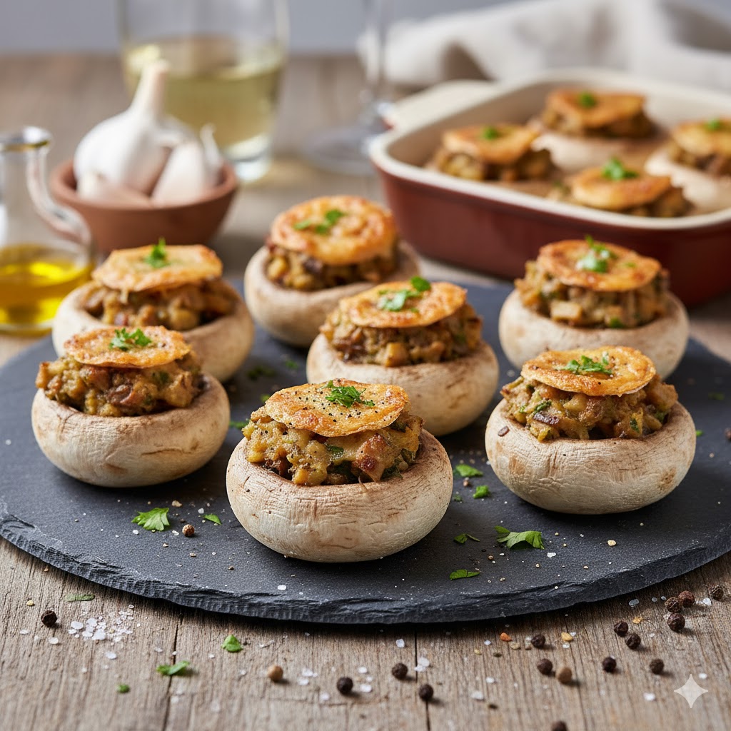 [translate:Canapés de champiñones rellenos servidos]