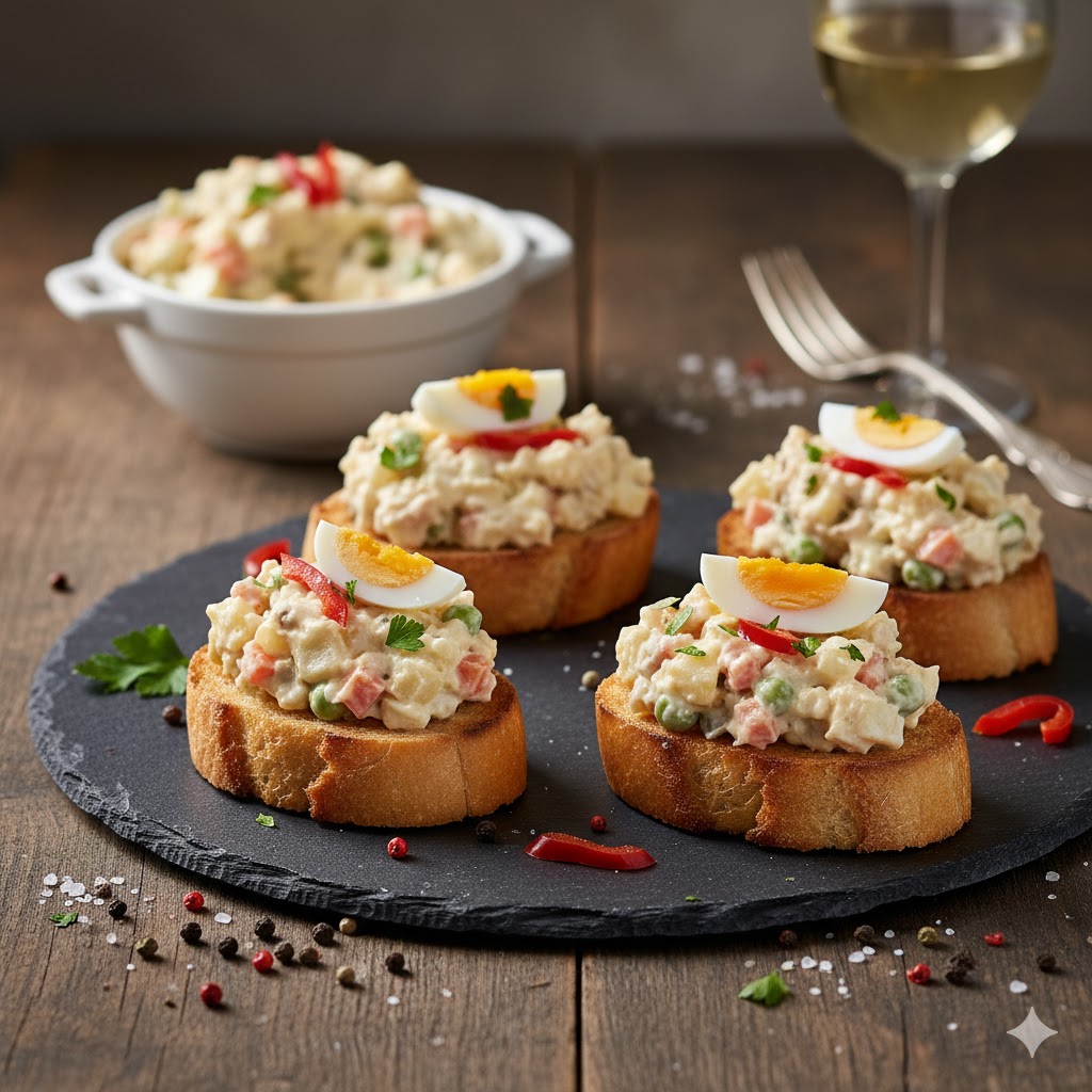 [translate:Canapés de ensaladilla sobre tosta servidos]