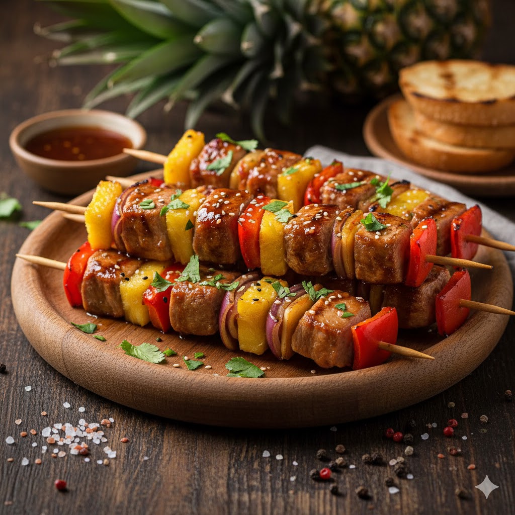 Brochetas cerdo y piña