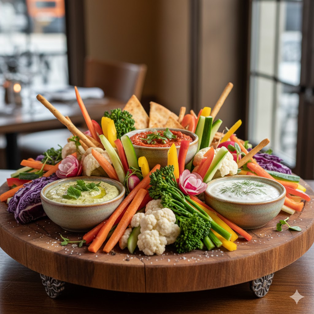 Bandeja de crudités con variedad de dips