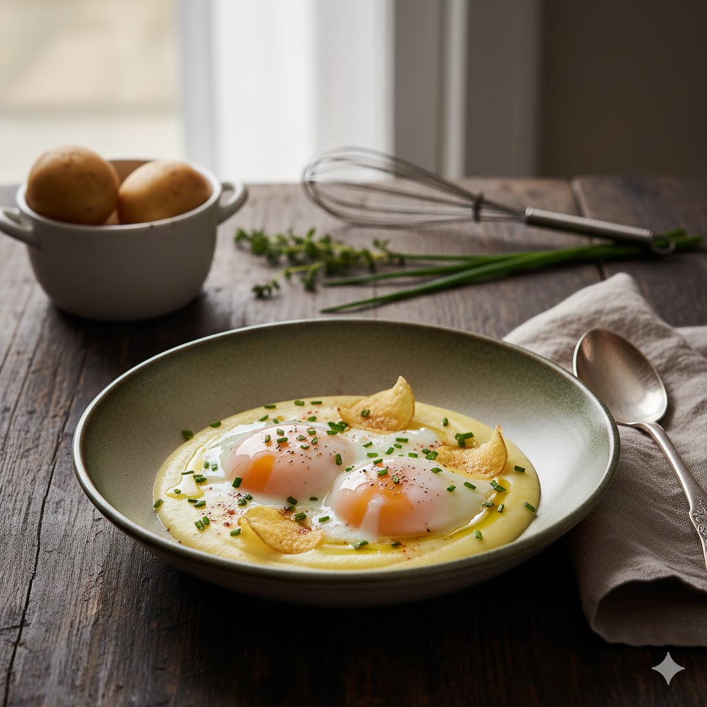 Huevos a Baja Temperatura con Crema de Patatas servido