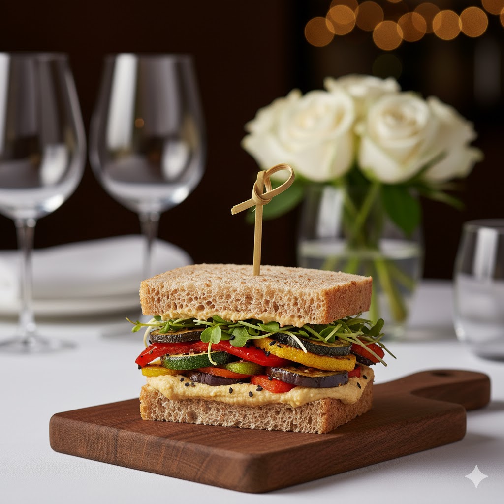 Mini sándwich vegano de hummus con verduras asadas