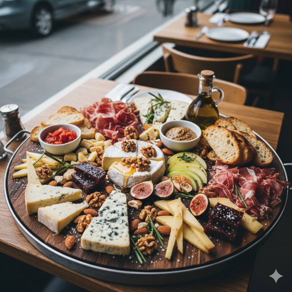 Tabla de quesos y embutidos con pan, fruta y frutos secos