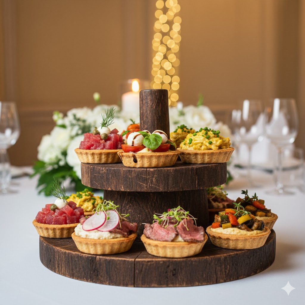 Bandeja con tartaletas saladas frías variadas