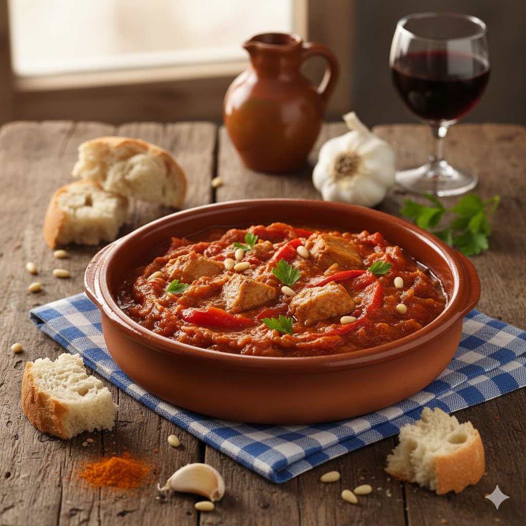 Titaina servida en cazuela individual con pan de cristal para mojar