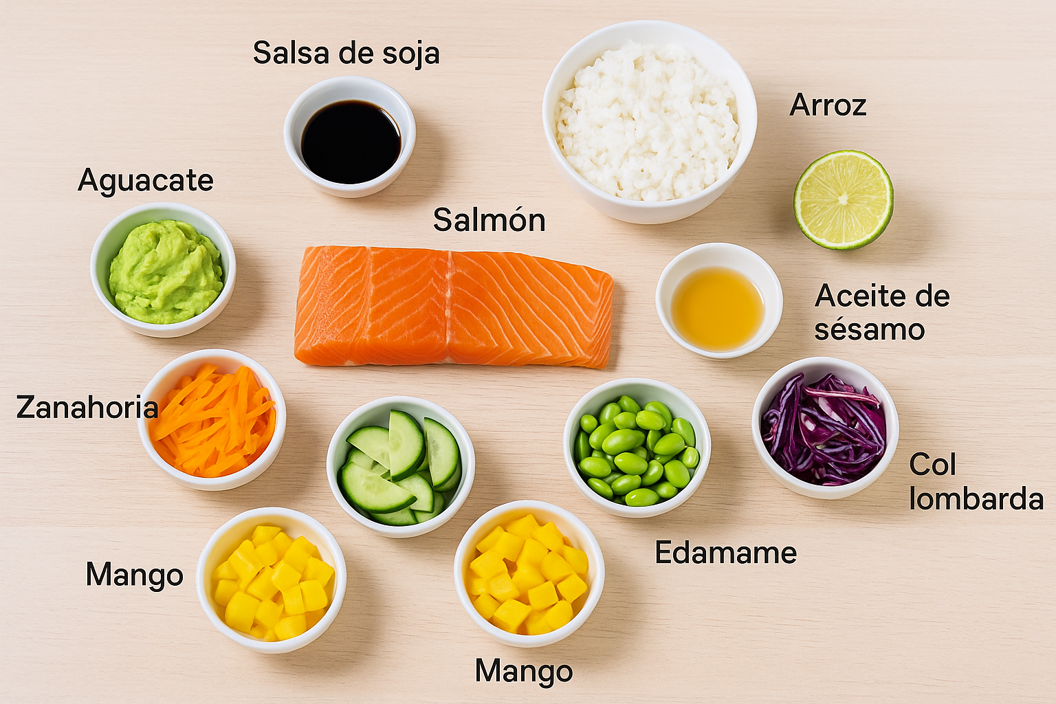 Ingredientes del poke de salmón: salmón, arroz y toppings
